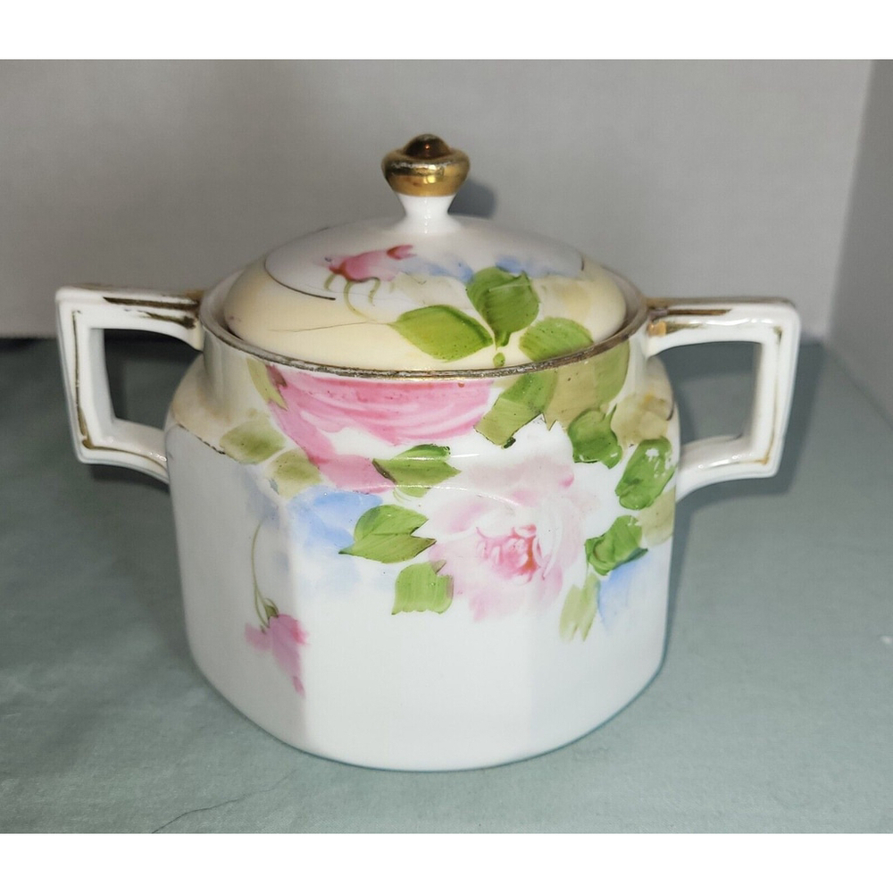 Antique Japanese Porcelain Sugar Bowl‎ Floral Roses W/ Gold Hand Painted Nippon